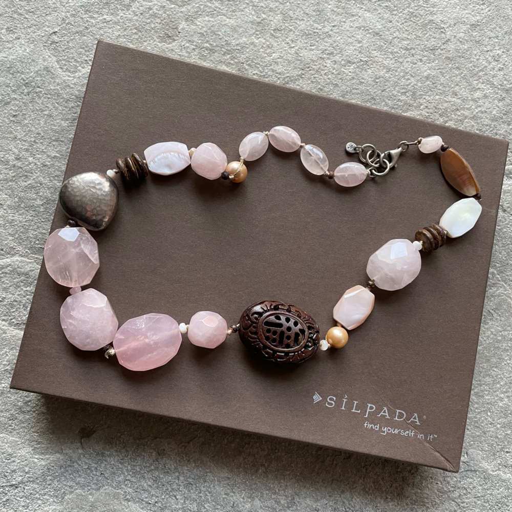 SILPADA Pink Rose Quartz Palm Wood Silk Necklace N1819